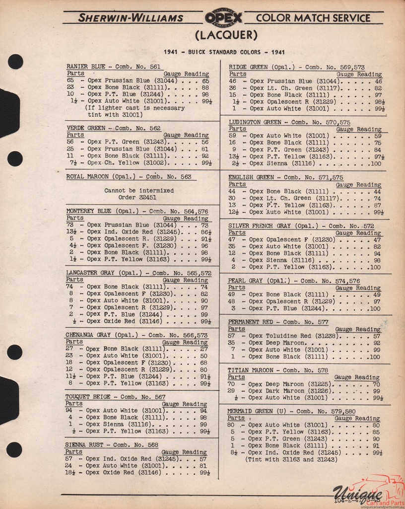 1941 Buick Paint Charts Williams 3